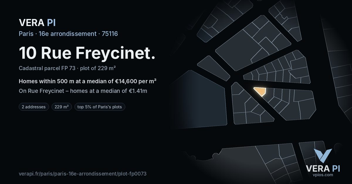 10 Rue Freycinet, 16e arrondissement at night – the plot lit, the parcels around coloured by the prices near them