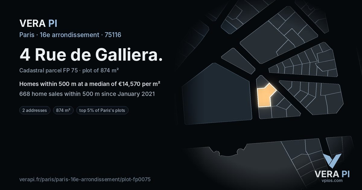 4 Rue de Galliera, 16e arrondissement at night – the plot lit, the parcels around coloured by the prices near them