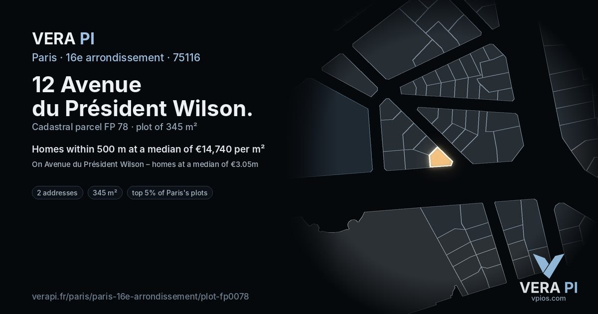 12 Avenue du Président Wilson, 16e arrondissement at night – the plot lit, the parcels around coloured by the prices near them