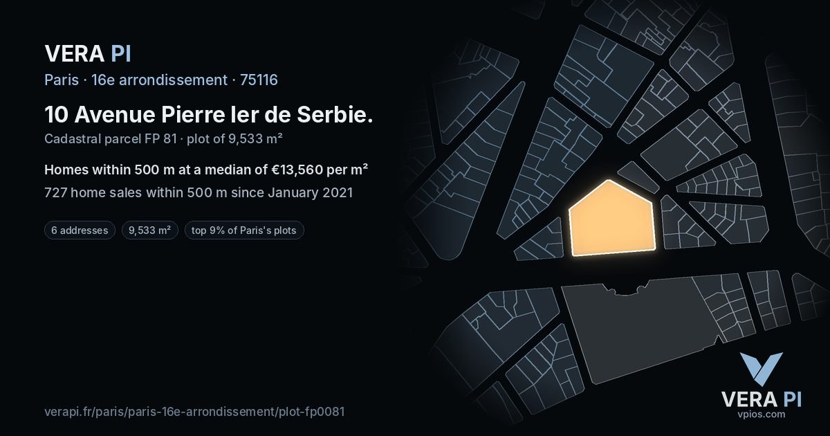 10 Avenue Pierre Ier de Serbie, 16e arrondissement at night – the plot lit, the parcels around coloured by the prices near them