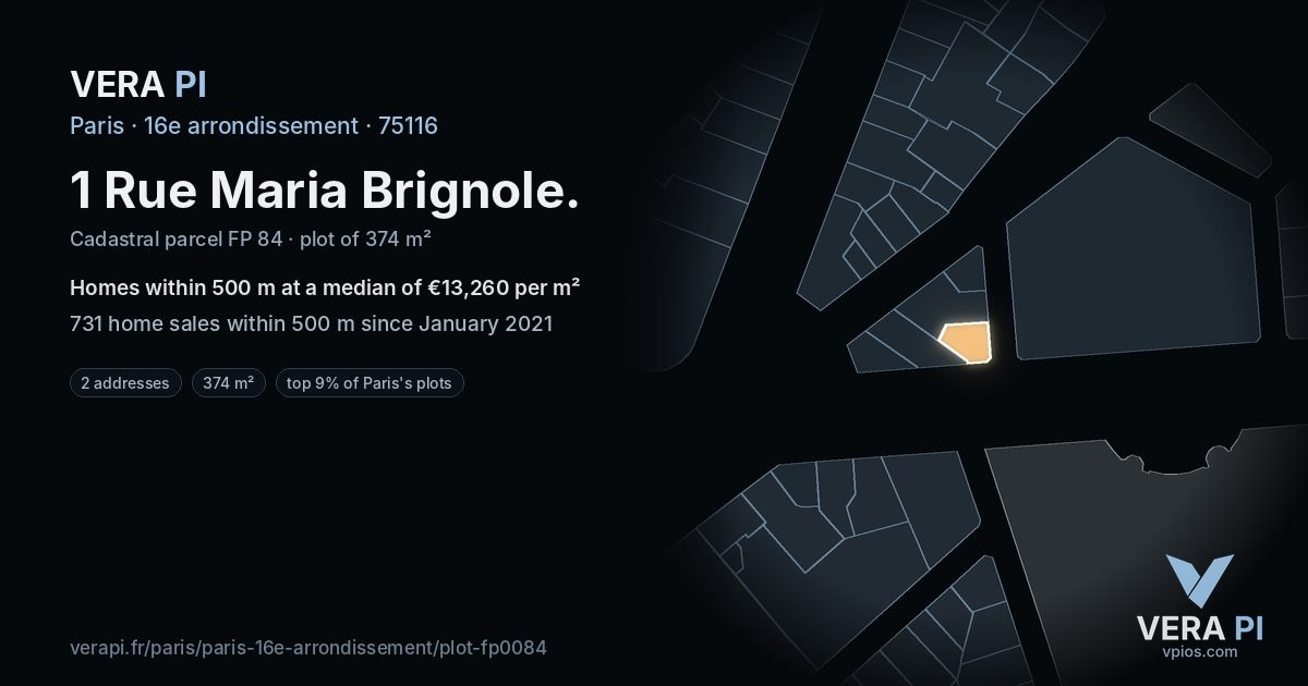 1 Rue Maria Brignole, 16e arrondissement at night – the plot lit, the parcels around coloured by the prices near them