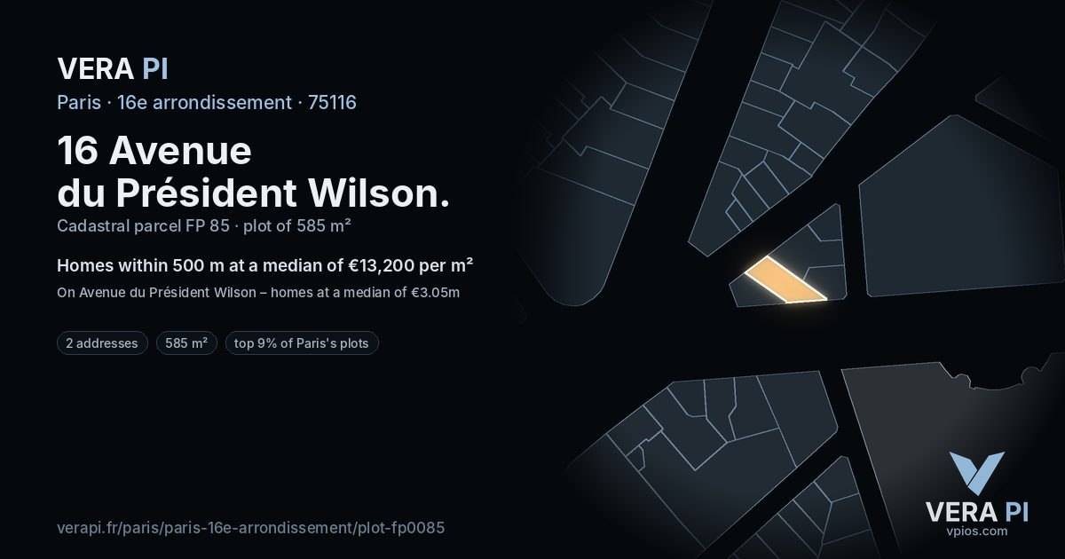 16 Avenue du Président Wilson, 16e arrondissement at night – the plot lit, the parcels around coloured by the prices near them