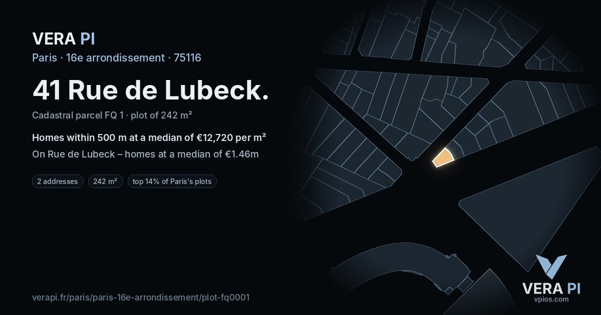 41 Rue de Lubeck, 16e arrondissement at night – the plot lit, the parcels around coloured by the prices near them