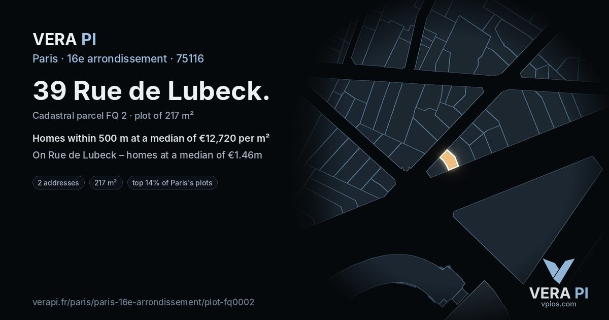 39 Rue de Lubeck, 16e arrondissement at night – the plot lit, the parcels around coloured by the prices near them