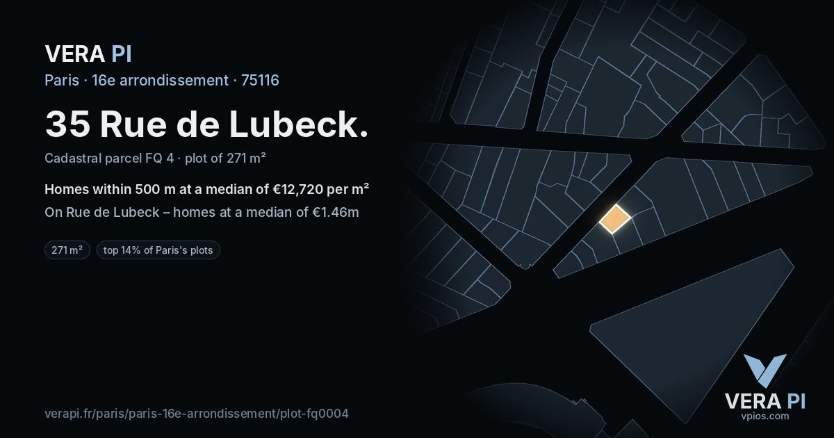 35 Rue de Lubeck, 16e arrondissement at night – the plot lit, the parcels around coloured by the prices near them
