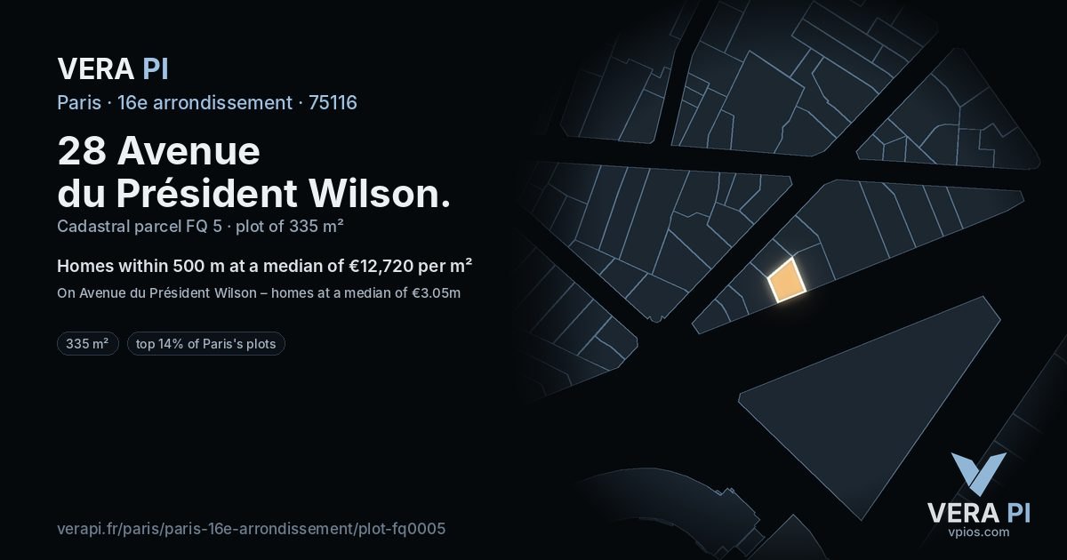 28 Avenue du Président Wilson, 16e arrondissement at night – the plot lit, the parcels around coloured by the prices near them