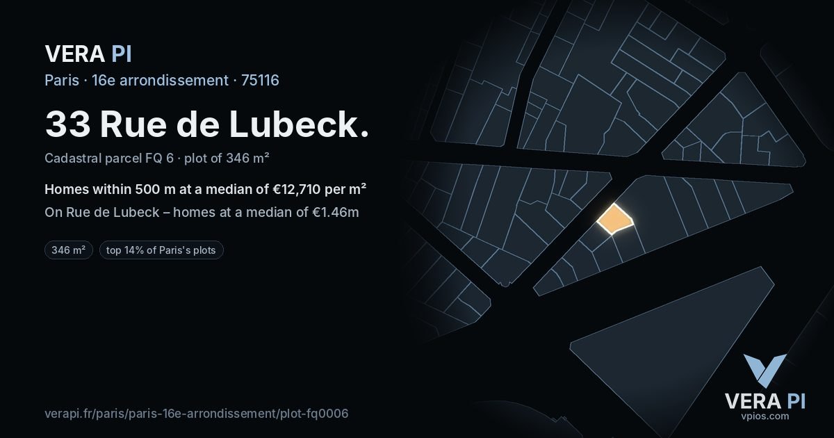 33 Rue de Lubeck, 16e arrondissement at night – the plot lit, the parcels around coloured by the prices near them