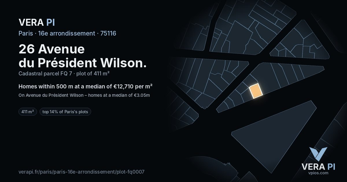 26 Avenue du Président Wilson, 16e arrondissement at night – the plot lit, the parcels around coloured by the prices near them