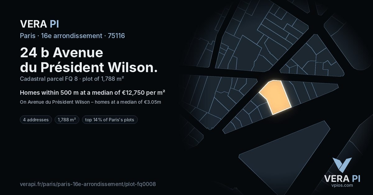 24 b Avenue du Président Wilson, 16e arrondissement at night – the plot lit, the parcels around coloured by the prices near them
