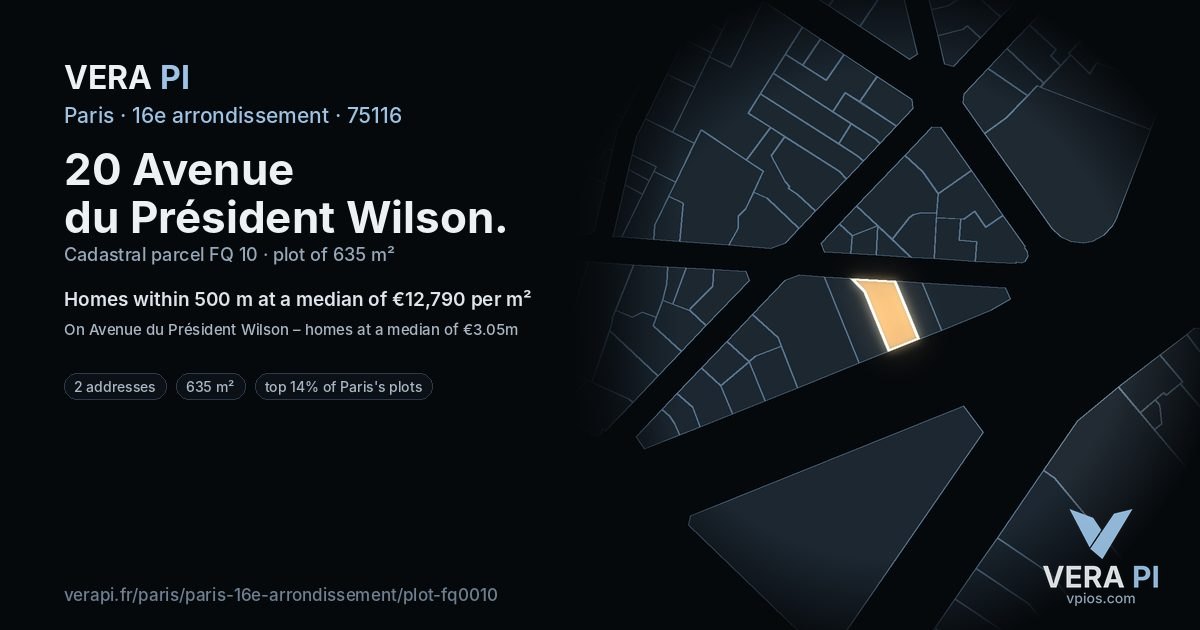 20 Avenue du Président Wilson, 16e arrondissement at night – the plot lit, the parcels around coloured by the prices near them