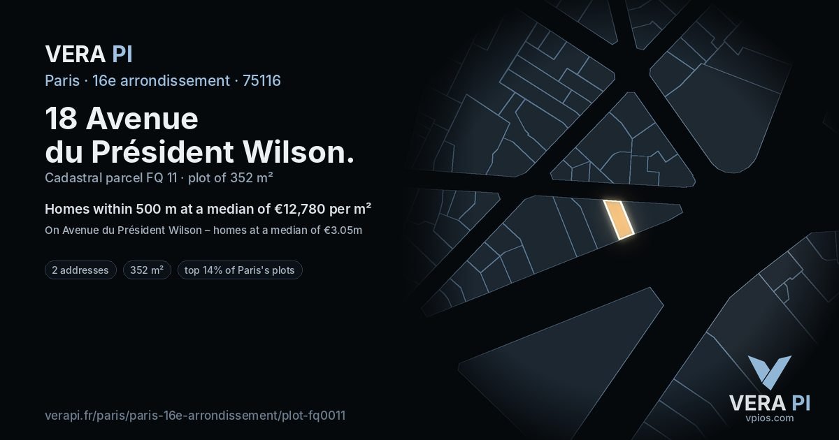 18 Avenue du Président Wilson, 16e arrondissement at night – the plot lit, the parcels around coloured by the prices near them
