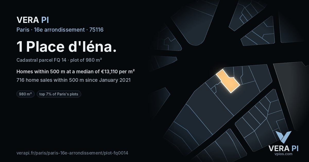 1 Place d'Iéna, 16e arrondissement at night – the plot lit, the parcels around coloured by the prices near them