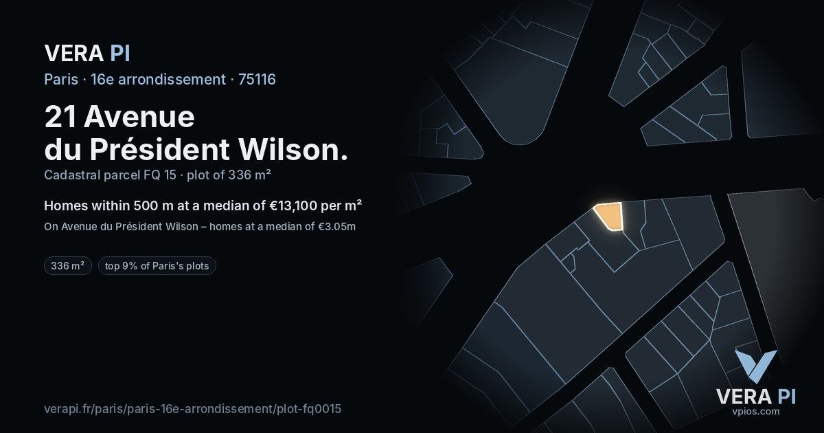 21 Avenue du Président Wilson, 16e arrondissement at night – the plot lit, the parcels around coloured by the prices near them