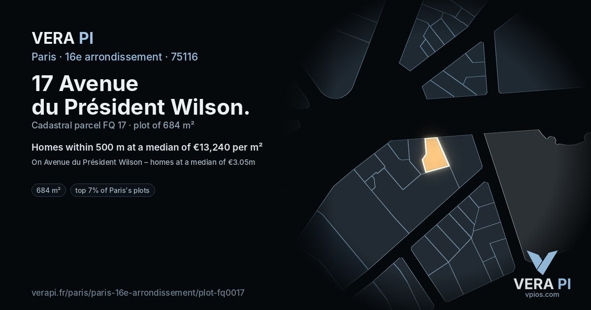 17 Avenue du Président Wilson, 16e arrondissement at night – the plot lit, the parcels around coloured by the prices near them