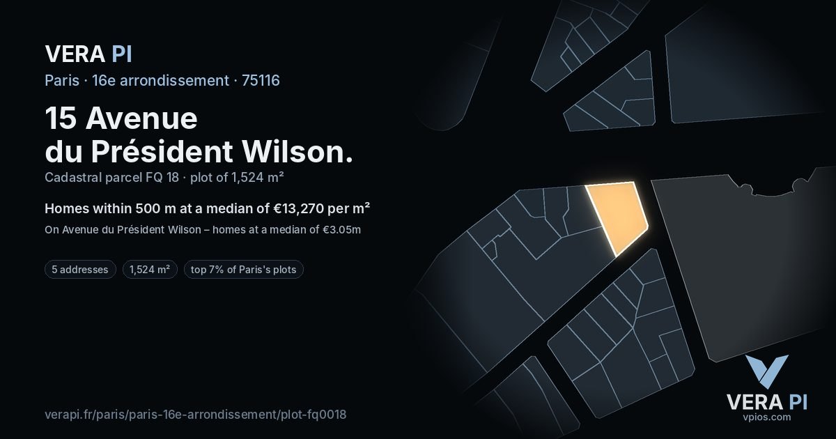 15 Avenue du Président Wilson, 16e arrondissement at night – the plot lit, the parcels around coloured by the prices near them