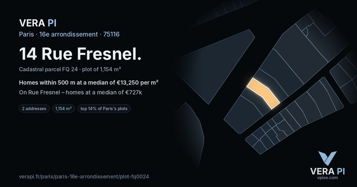 14 Rue Fresnel, 16e arrondissement at night – the plot lit, the parcels around coloured by the prices near them
