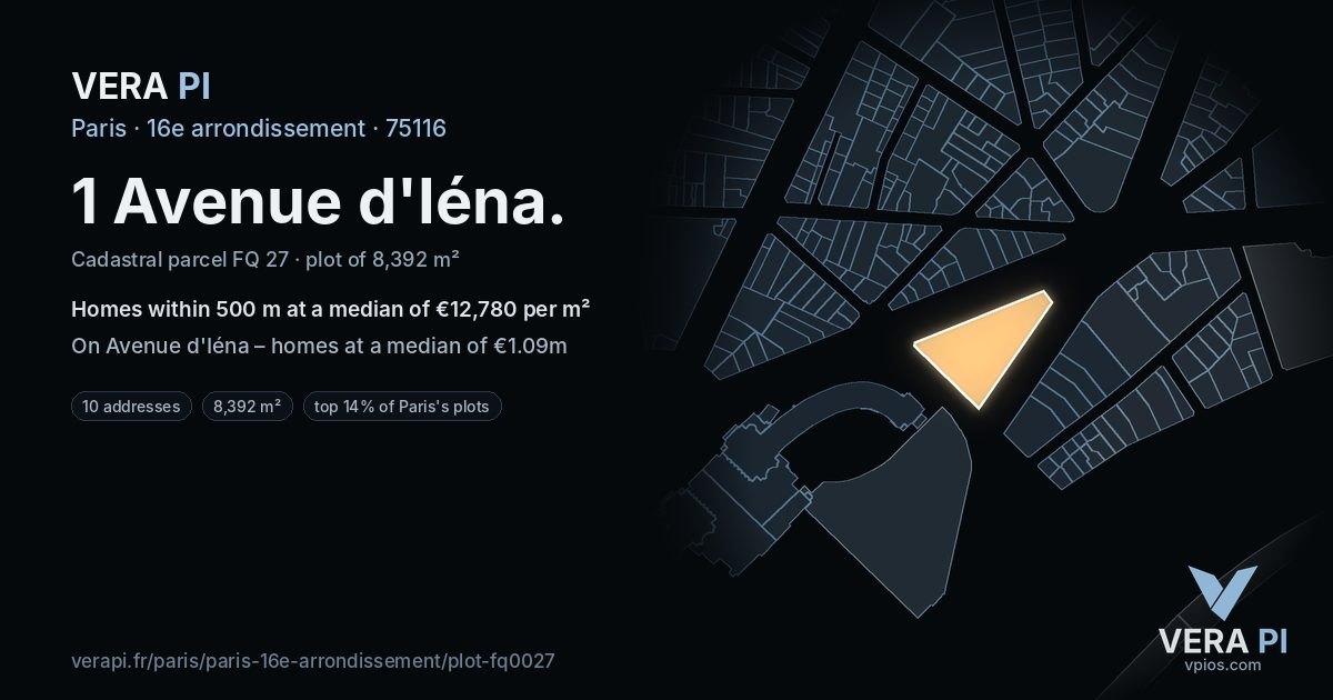 1 Avenue d'Iéna, 16e arrondissement at night – the plot lit, the parcels around coloured by the prices near them