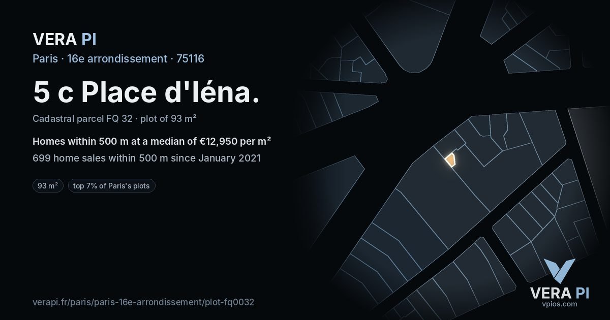 5 c Place d'Iéna, 16e arrondissement at night – the plot lit, the parcels around coloured by the prices near them