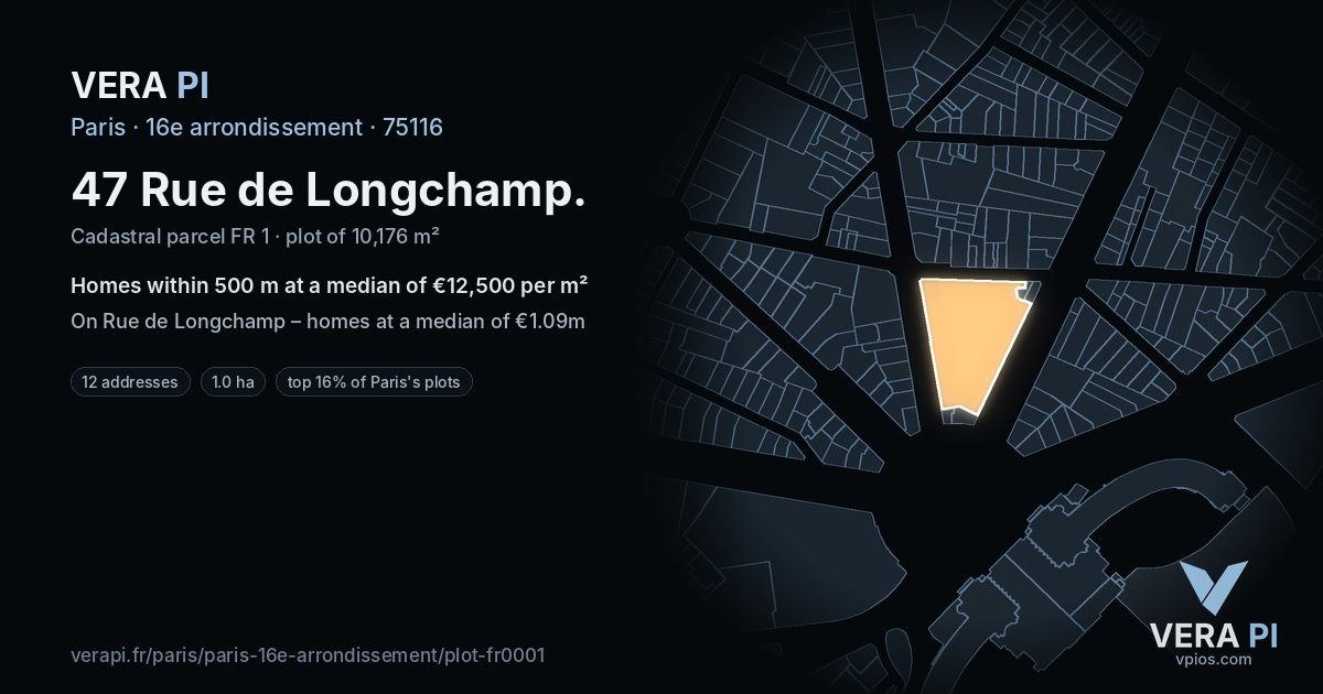 47 Rue de Longchamp, 16e arrondissement at night – the plot lit, the parcels around coloured by the prices near them
