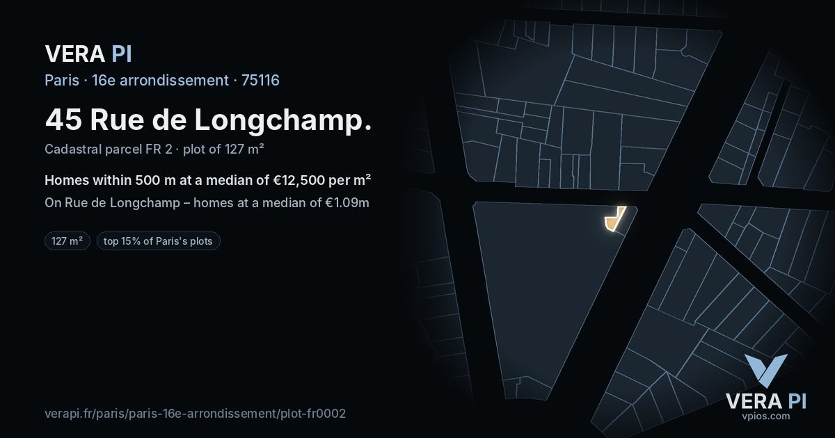45 Rue de Longchamp, 16e arrondissement at night – the plot lit, the parcels around coloured by the prices near them