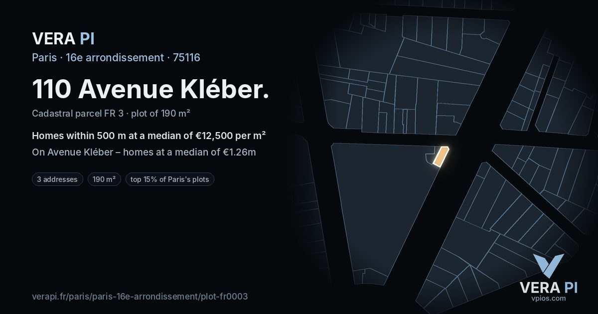 110 Avenue Kléber, 16e arrondissement at night – the plot lit, the parcels around coloured by the prices near them