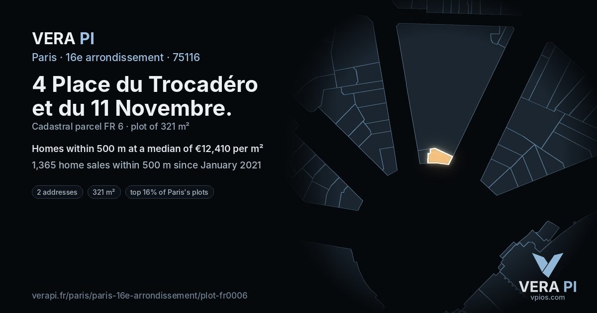 4 Place du Trocadéro et du 11 Novembre, 16e arrondissement at night – the plot lit, the parcels around coloured by the prices near them