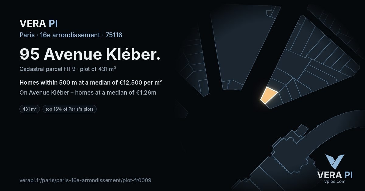 95 Avenue Kléber, 16e arrondissement at night – the plot lit, the parcels around coloured by the prices near them