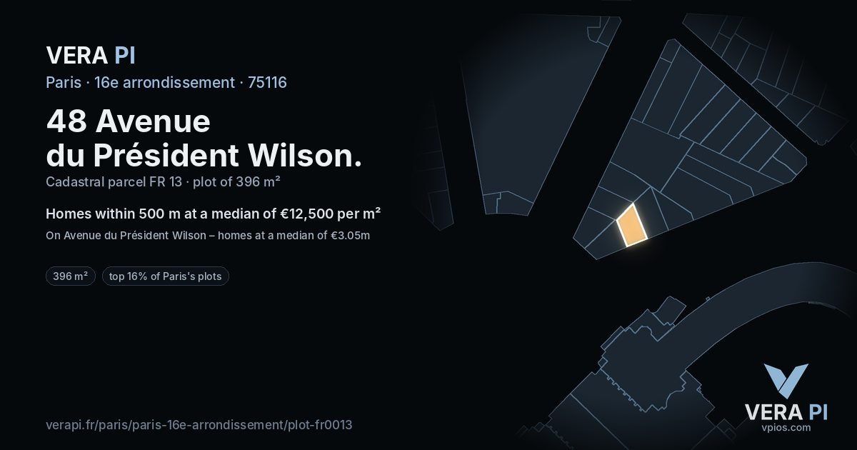 48 Avenue du Président Wilson, 16e arrondissement at night – the plot lit, the parcels around coloured by the prices near them