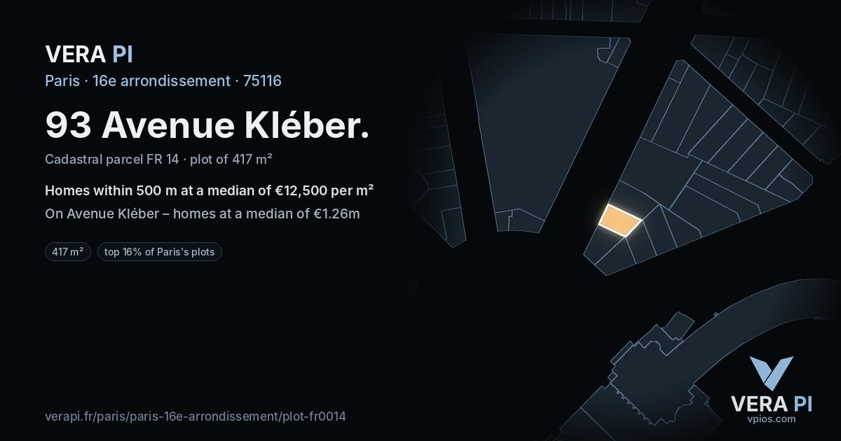 93 Avenue Kléber, 16e arrondissement at night – the plot lit, the parcels around coloured by the prices near them