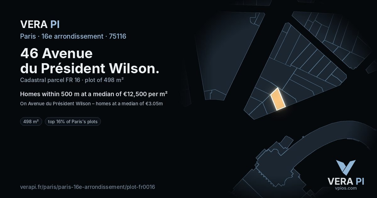 46 Avenue du Président Wilson, 16e arrondissement at night – the plot lit, the parcels around coloured by the prices near them