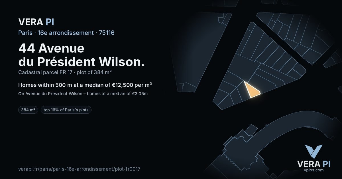 44 Avenue du Président Wilson, 16e arrondissement at night – the plot lit, the parcels around coloured by the prices near them