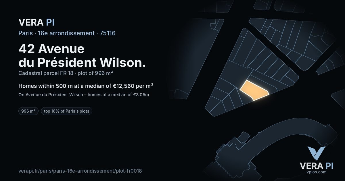42 Avenue du Président Wilson, 16e arrondissement at night – the plot lit, the parcels around coloured by the prices near them