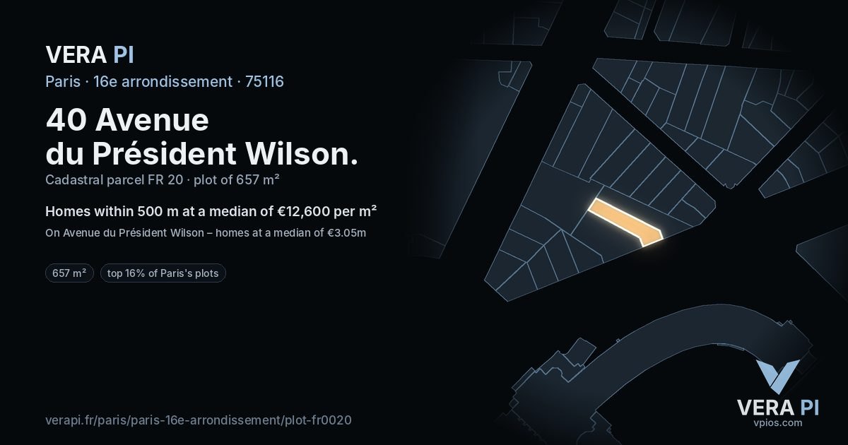 40 Avenue du Président Wilson, 16e arrondissement at night – the plot lit, the parcels around coloured by the prices near them