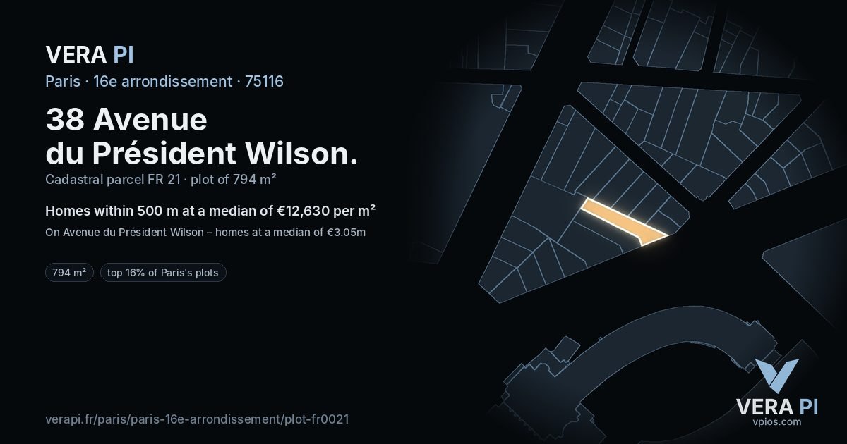 38 Avenue du Président Wilson, 16e arrondissement at night – the plot lit, the parcels around coloured by the prices near them