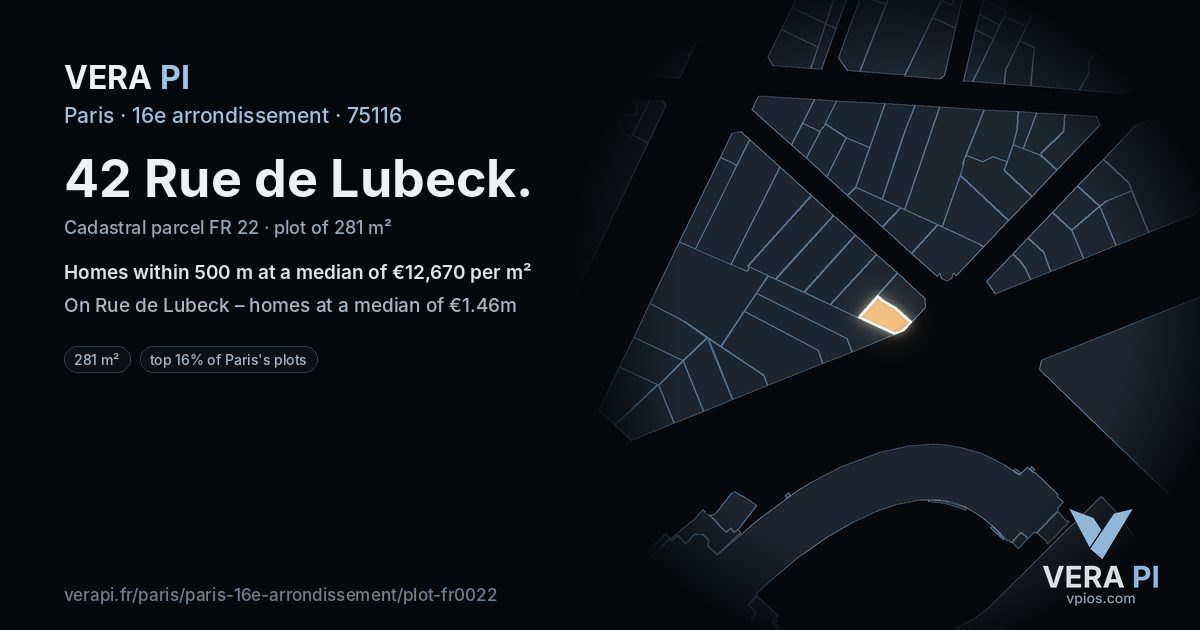 42 Rue de Lubeck, 16e arrondissement at night – the plot lit, the parcels around coloured by the prices near them