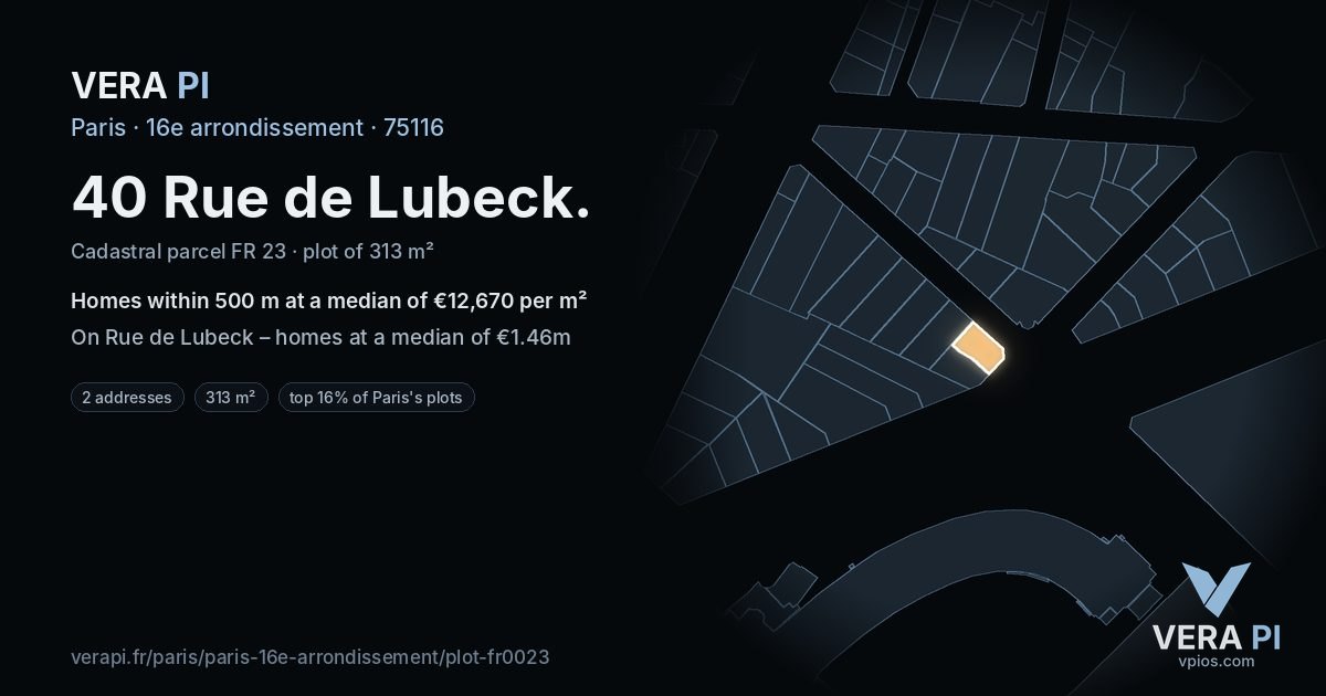 40 Rue de Lubeck, 16e arrondissement at night – the plot lit, the parcels around coloured by the prices near them
