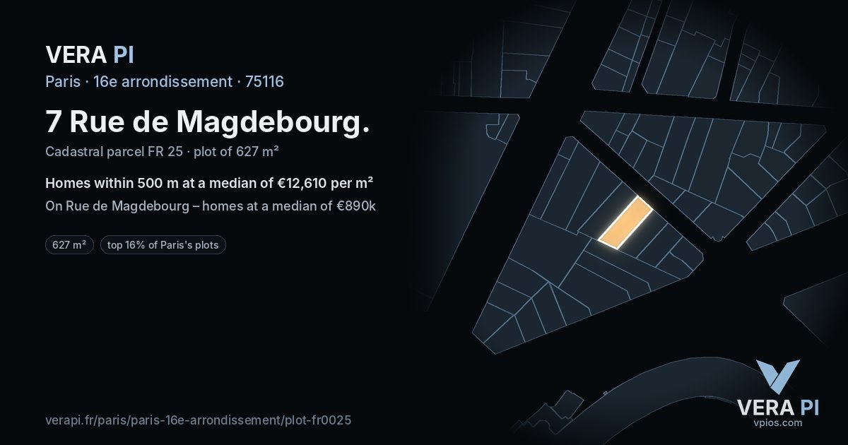 7 Rue de Magdebourg, 16e arrondissement at night – the plot lit, the parcels around coloured by the prices near them