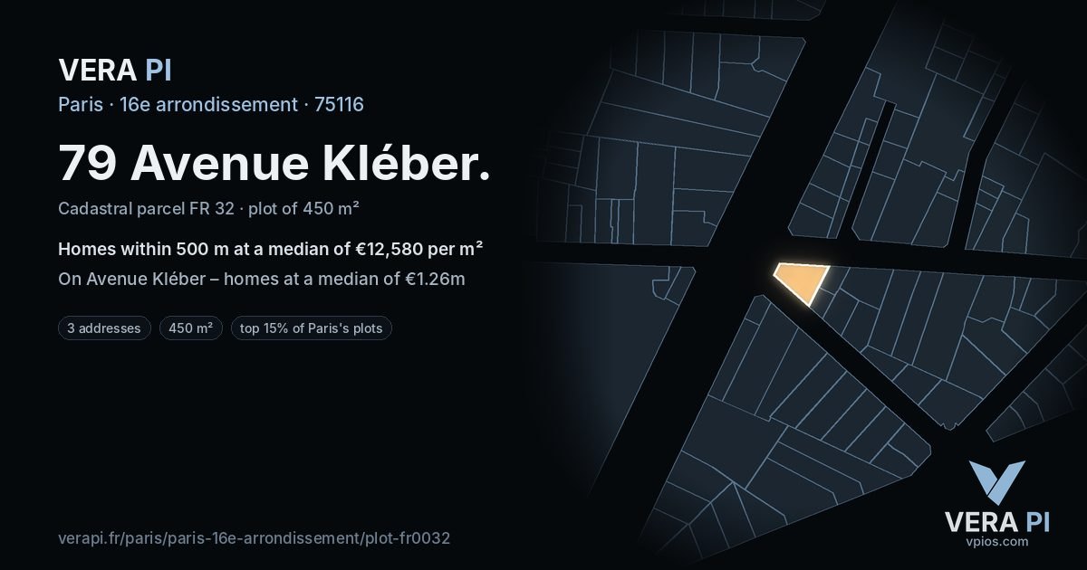79 Avenue Kléber, 16e arrondissement at night – the plot lit, the parcels around coloured by the prices near them