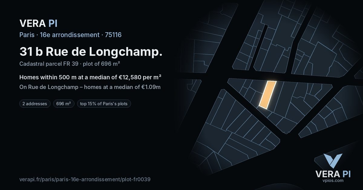31 b Rue de Longchamp, 16e arrondissement at night – the plot lit, the parcels around coloured by the prices near them