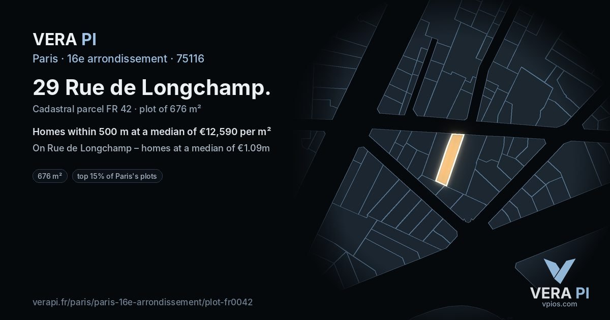 29 Rue de Longchamp, 16e arrondissement at night – the plot lit, the parcels around coloured by the prices near them