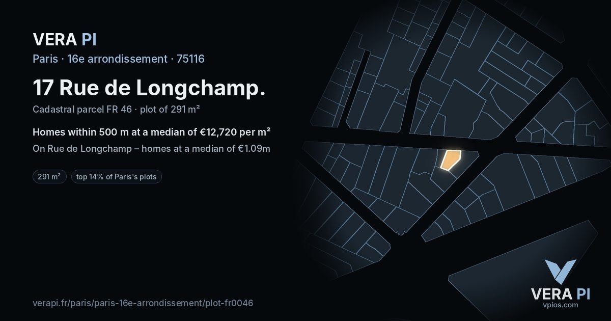 17 Rue de Longchamp, 16e arrondissement at night – the plot lit, the parcels around coloured by the prices near them