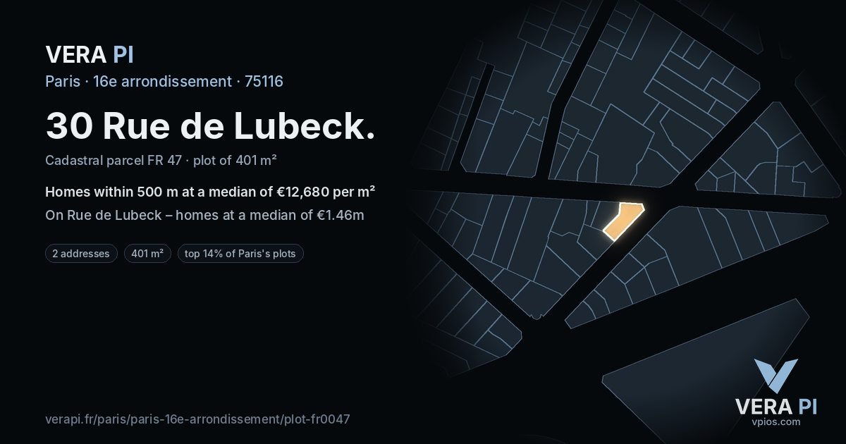 30 Rue de Lubeck, 16e arrondissement at night – the plot lit, the parcels around coloured by the prices near them