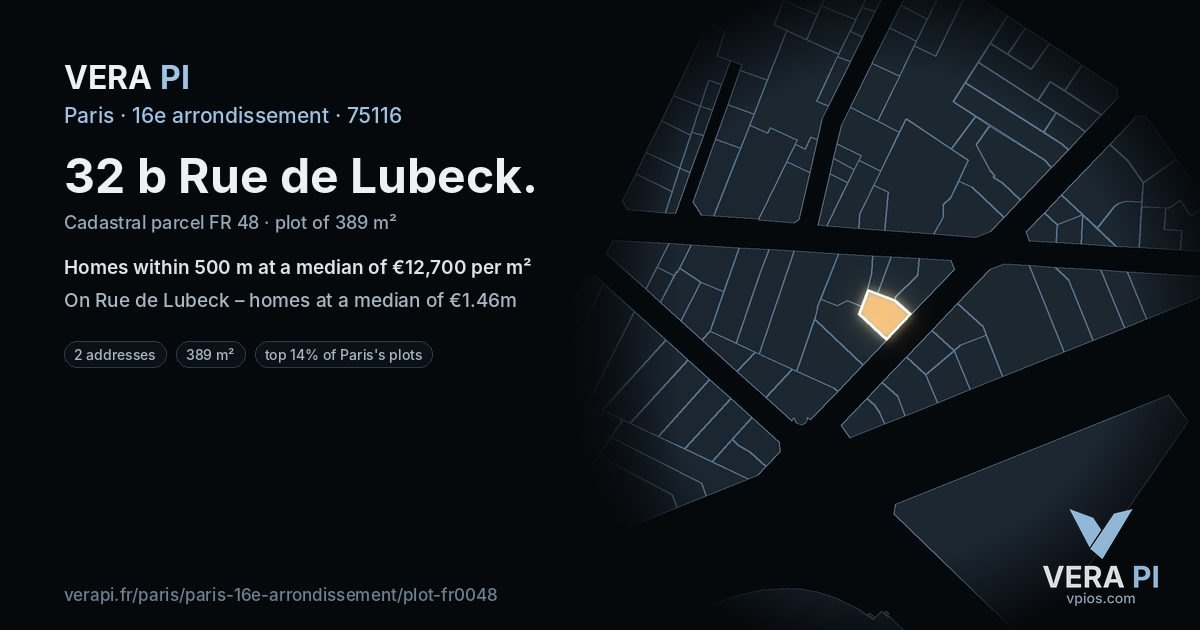 32 b Rue de Lubeck, 16e arrondissement at night – the plot lit, the parcels around coloured by the prices near them