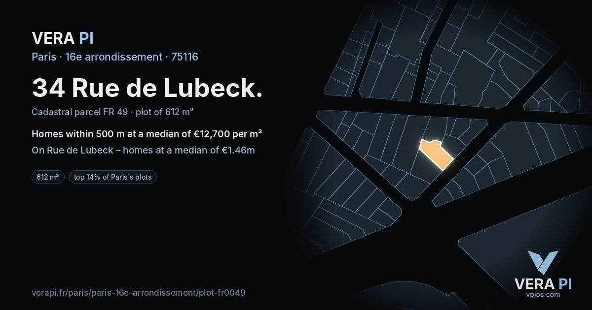 34 Rue de Lubeck, 16e arrondissement at night – the plot lit, the parcels around coloured by the prices near them