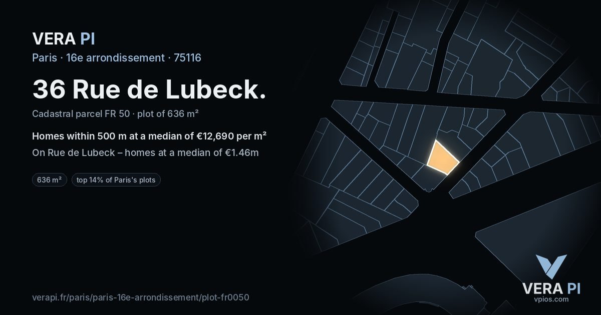 36 Rue de Lubeck, 16e arrondissement at night – the plot lit, the parcels around coloured by the prices near them