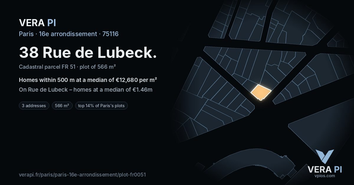 38 Rue de Lubeck, 16e arrondissement at night – the plot lit, the parcels around coloured by the prices near them