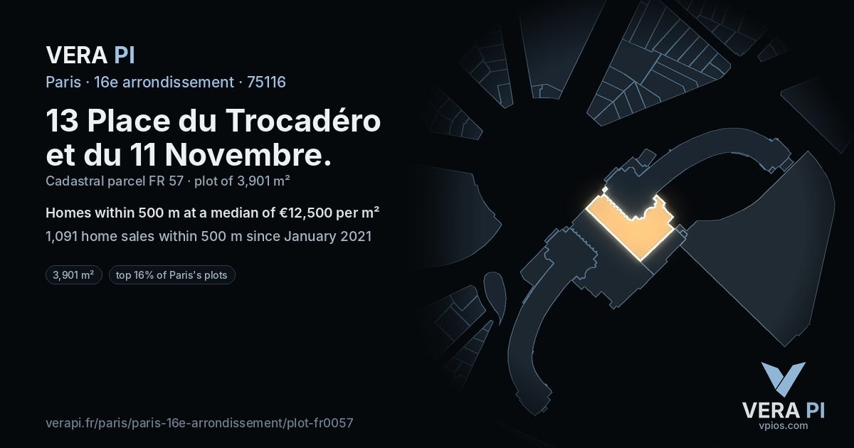 13 Place du Trocadéro et du 11 Novembre, 16e arrondissement at night – the plot lit, the parcels around coloured by the prices near them
