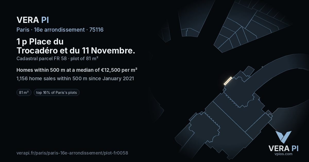 1 p Place du Trocadéro et du 11 Novembre, 16e arrondissement at night – the plot lit, the parcels around coloured by the prices near them