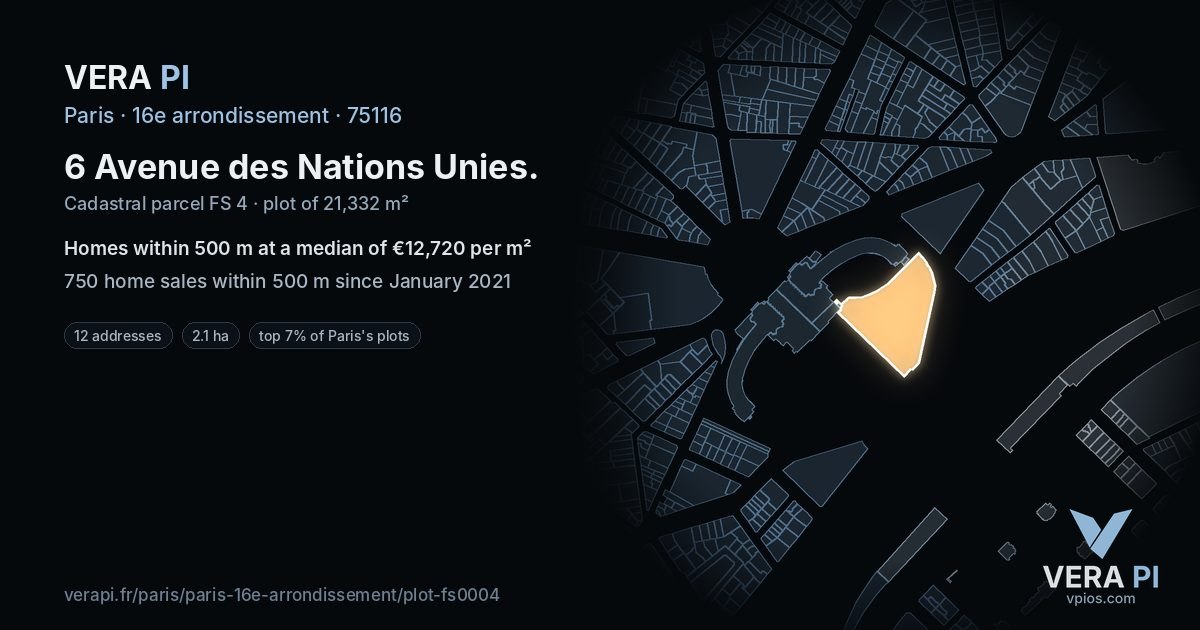 6 Avenue des Nations Unies, 16e arrondissement at night – the plot lit, the parcels around coloured by the prices near them