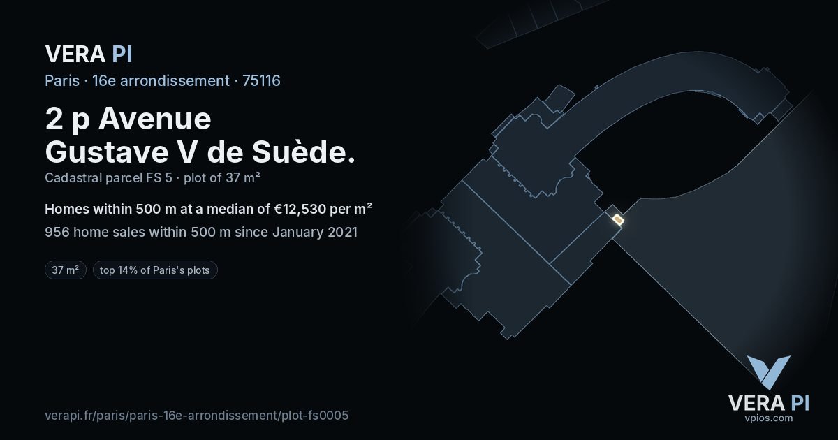 2 p Avenue Gustave V de Suède, 16e arrondissement at night – the plot lit, the parcels around coloured by the prices near them
